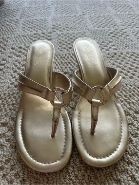Lilly Pulitzer’s McKim Metallic Gold Wedge Sandals.